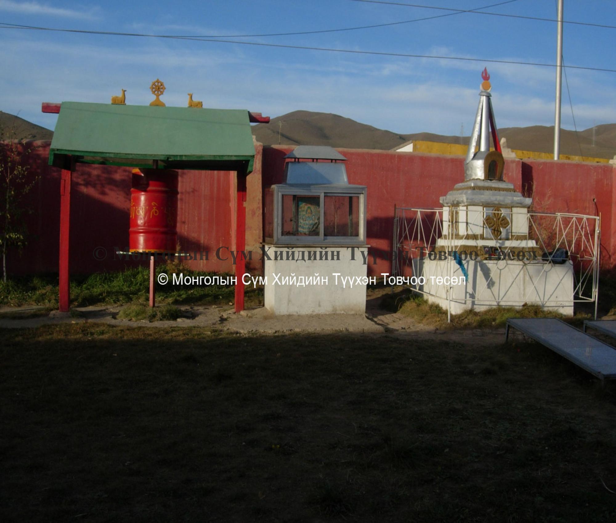 Stupa and prayer wheel on North wall